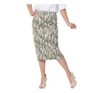 Susan Graver Snake Printed Faux Suede Midi Skirt in Neutral Petite 3X